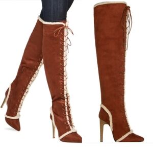 Shoe Dazzle Brown Over the Knee Lace-Up Boots